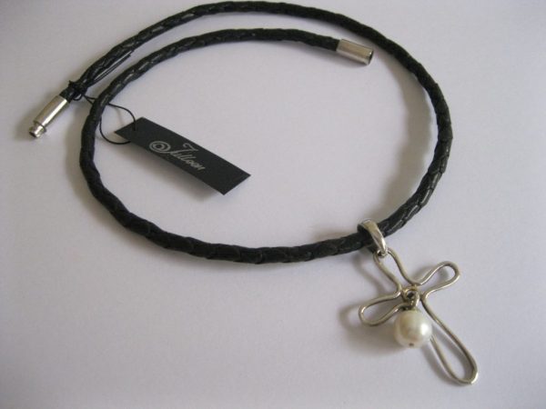 Anne Too Necklace. Sterling Silver Wire Cross and Pearl Necklace on Neoprene Band