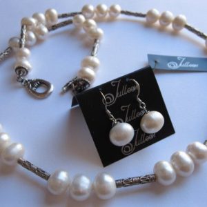 White Glow Large White Pearl Tin Cup Design Sterling Silver Necklace and Matching Earrings