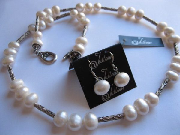 White Glow Large White Pearl Tin Cup Design Sterling Silver Necklace and Matching Earrings
