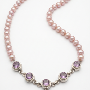 Amethysts. 6 Amethyst Feature Pendant on Pink Mauve Pearls Sterling Silver