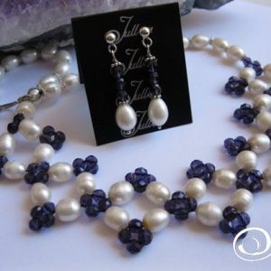 Brigitte Amethyst Set White Pearl, Amethyst Crystal Sterling Silver Necklace with Matching Earrings