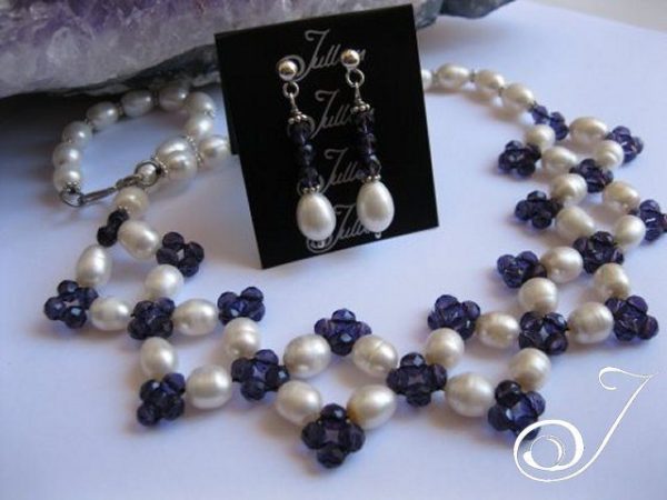 Brigitte Amethyst Set White Pearl, Amethyst Crystal Sterling Silver Necklace with Matching Earrings