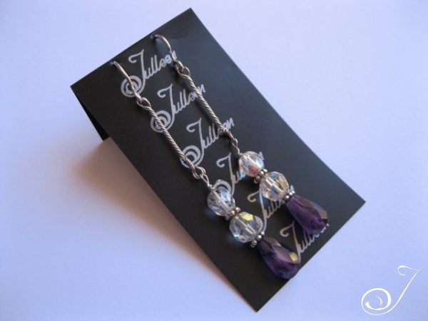 Amethyst Sparkling Gemstone and Crystal Bead Sterling Silver Long Dangle Earring