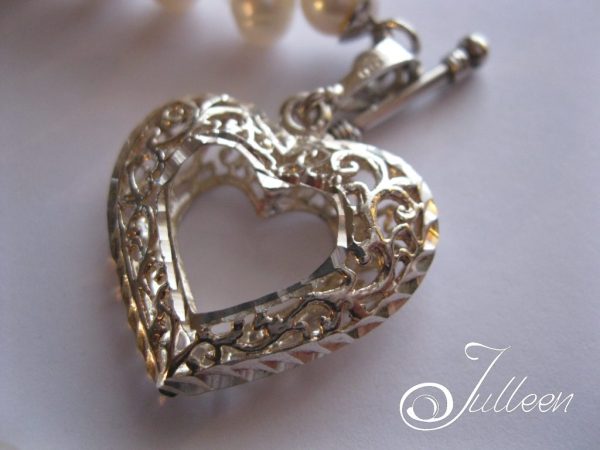 Bridal Heart White Pearl Weave Bracelet Heart Charm 925 - Image 3