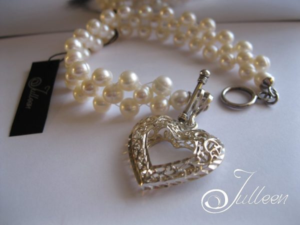 Bridal Heart White Pearl Weave Bracelet Heart Charm 925 - Image 2