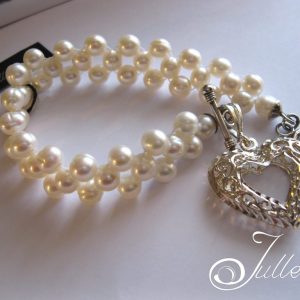 Bridal Heart White Pearl Weave Bracelet Heart Charm 925