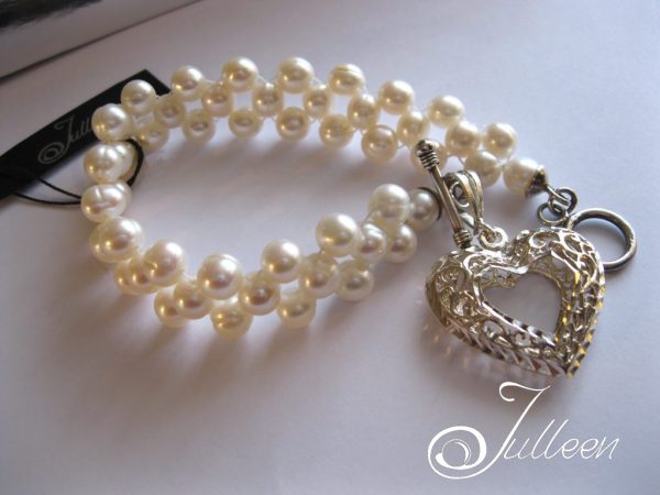 Bridal Heart White Pearl Weave Bracelet Heart Charm 925