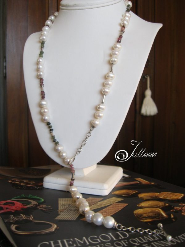 Carol Set. Long White Pump Pearl and Tourmaline Necklace with Fob Clasp and Matching earrings - Image 3