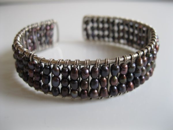 Black Baby Rice Pearl Pearl 3 Row Bangle Cuff Sterling silver - Image 2