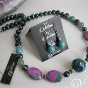Zoe Stone Necklace Set Ruby Zanite, Chrysocolla, Jade, Peacock Green Pearl Necklace Set with Turquoise  Earrings
