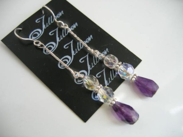 Amethyst Sparkling Gemstone and Crystal Bead Sterling Silver Long Dangle Earring - Image 2
