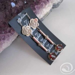 Flower Long Gemstone Earring with Blood Red Garnet