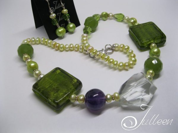 Pixy Lime Green Set. Lime Green Toned, Beaded Chunky Necklace with Lime Pearls and Matching Lime Earrings - Image 2