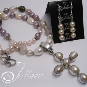 Cream Pearl and Sterling Silver Cross Enhancer Pendant on Mixed Pearl, Necklace. Set
