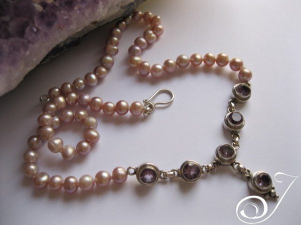 Amethysts. 6 Amethyst Feature Pendant on Pink Mauve Pearls Sterling Silver