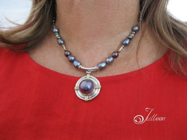 Blue Moon Set. Black Blue Mabe Pendant Set on Pearls with Matching erring - Image 6