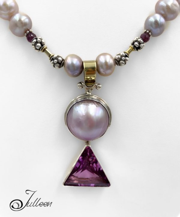 Ms Monroe Set. Hot Pink Trillion Topaz and Mabe Pendant Necklace with Matching Earrings - Image 3
