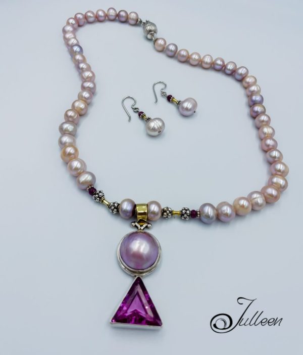 Ms Monroe Set. Hot Pink Trillion Topaz and Mabe Pendant Necklace with Matching Earrings - Image 4