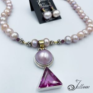 Ms Monroe Set. Hot Pink Trillion Topaz and Mabe Pendant Necklace with Matching Earrings