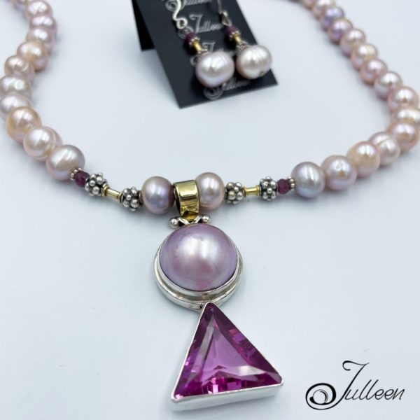 Ms Monroe Set. Hot Pink Trillion Topaz and Mabe Pendant Necklace with Matching Earrings