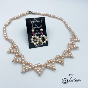 Pink Musk Set Creamy Peach Pearl Weave Design Necklace Set with Matching Pearl Earrings