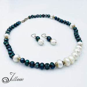 Regal Crush Set. Peacock Green Huge White Pearl and Gold Vermeil Necklace Set with matching earrings