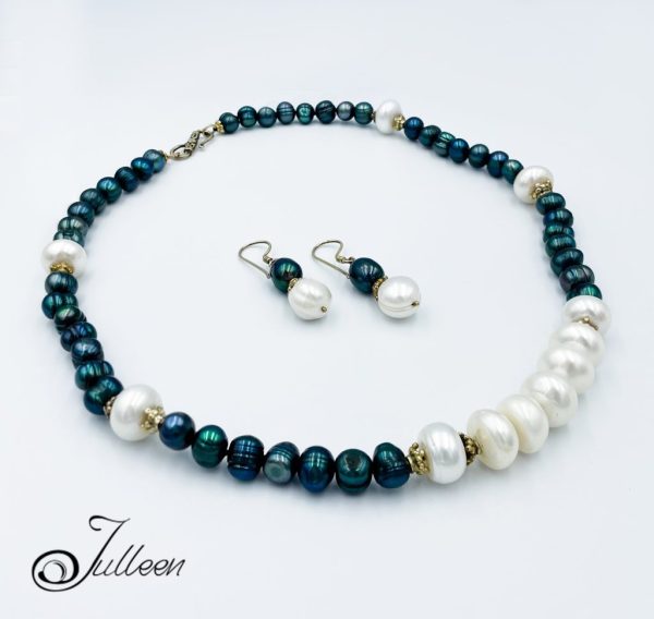 Regal Crush Set. Peacock Green Huge White Pearl and Gold Vermeil Necklace Set with matching earrings