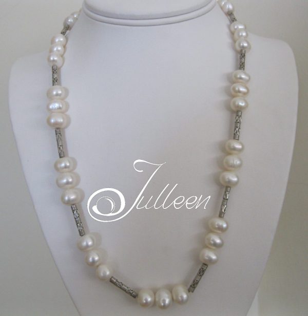 White Glow Large White Pearl Tin Cup Design Sterling Silver Necklace and Matching Earrings - Image 2
