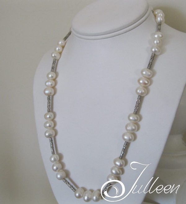 White Glow Large White Pearl Tin Cup Design Sterling Silver Necklace and Matching Earrings - Image 3