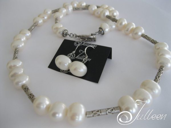 White Glow Large White Pearl Tin Cup Design Sterling Silver Necklace and Matching Earrings - Image 5
