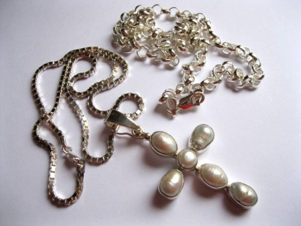 White Pearl Cross Pendant with Enhancer Hallmarked Sterling Silver - Image 3