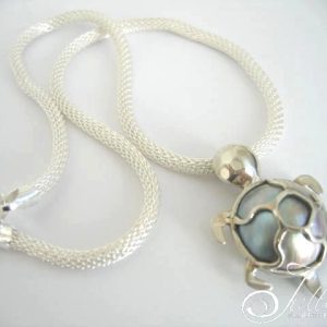 Turtle Pearl Pendant. Blue Mabe Turtle Pendant on Mesh Chain All Sterling Silver 925
