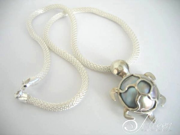 Turtle Pearl Pendant. Blue Mabe Turtle Pendant on Mesh Chain All Sterling Silver 925