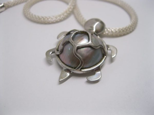 Turtle Pearl Pendant. Blue Mabe Turtle Pendant on Mesh Chain All Sterling Silver 925 - Image 2