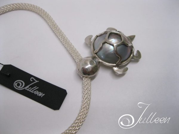 Turtle Pearl Pendant. Blue Mabe Turtle Pendant on Mesh Chain All Sterling Silver 925 - Image 3