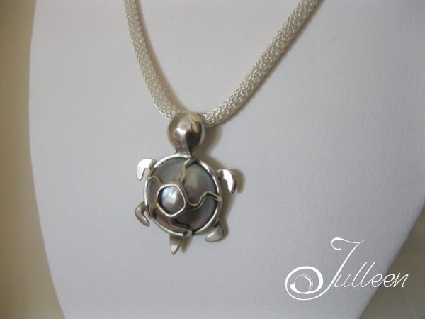 Turtle Pearl Pendant. Blue Mabe Turtle Pendant on Mesh Chain All Sterling Silver 925 - Image 4