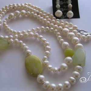Pale Green Jade and Pearl Long Necklace Set