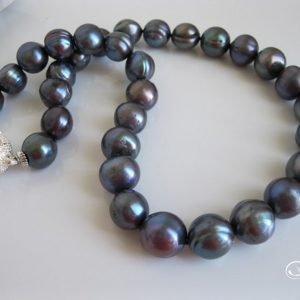 Black 12 mm Pearl Necklace with Crystal Ball Clasp
