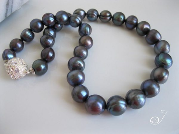 Black 12 mm Pearl Necklace with Crystal Ball Clasp