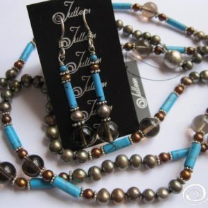 King Tut Blue Turquoise and Gold Pearl Necklace Set with Matching Dangle Earrings