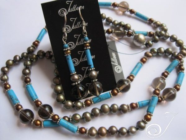 King Tut Blue Turquoise and Gold Pearl Necklace Set with Matching Dangle Earrings