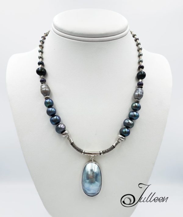 Annie Blue Pearl Necklace. Nautilus Blue Mabe Pendant Pearl and Sterling Silver Necklace - Image 3