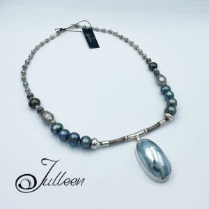 Annie Blue Pearl Necklace. Nautilus Blue Mabe Pendant Pearl and Sterling Silver Necklace