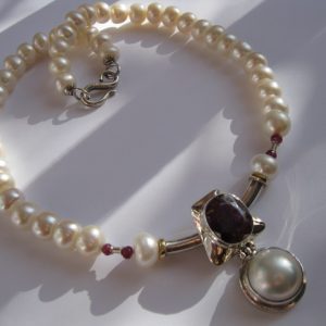 20ct Ruby and Mabe Pearl Pendant on Pearl and Ruby Necklace in Sterling Silver