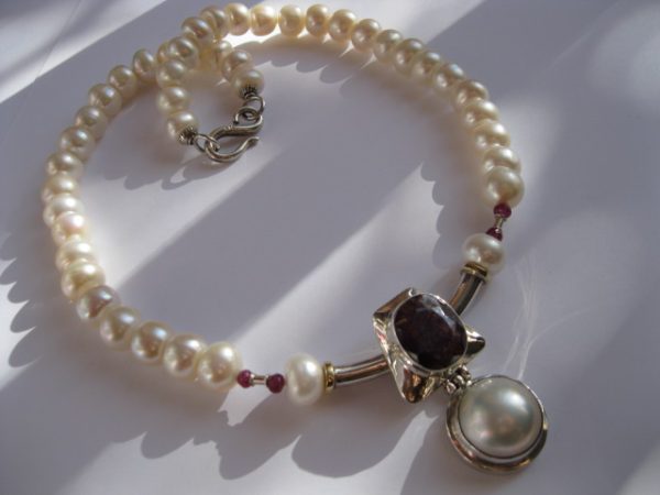 20ct Ruby and Mabe Pearl Pendant on Pearl and Ruby Necklace in Sterling Silver