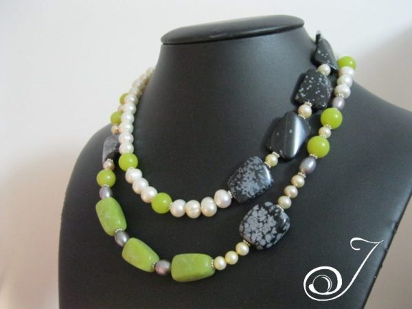 Lime and Grey Long Pearls Jade Jasper and Obsidian 925 - Image 4
