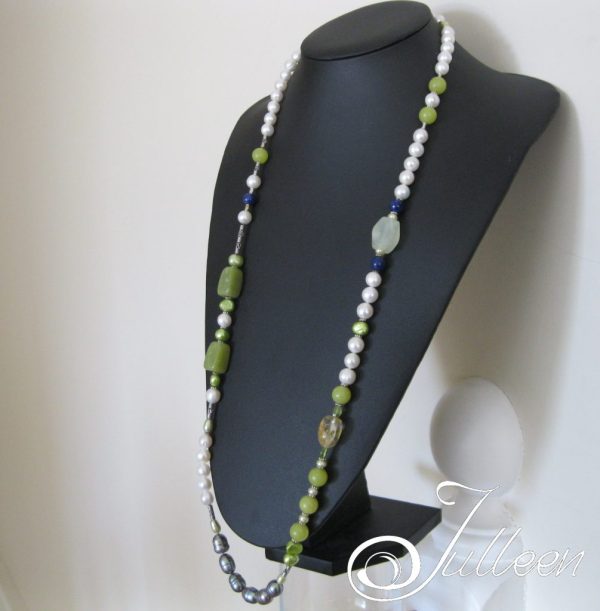 Lime Crush Long White Pearl Necklace with lime gemstones 35 1/2 inch - Image 4