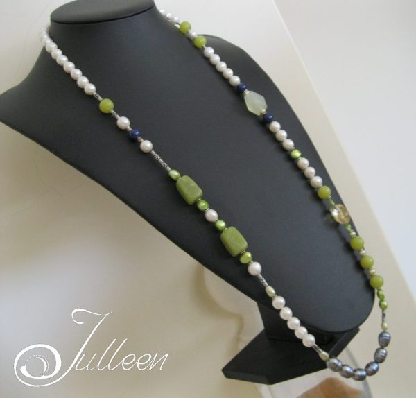 Lime Crush Long White Pearl Necklace with lime gemstones 35 1/2 inch - Image 3