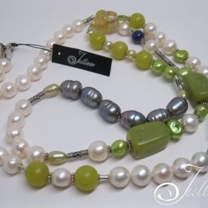 Lime Crush Long White Pearl Necklace with lime gemstones 35 1/2 inch