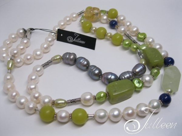 Lime Crush Long White Pearl Necklace with lime gemstones 35 1/2 inch